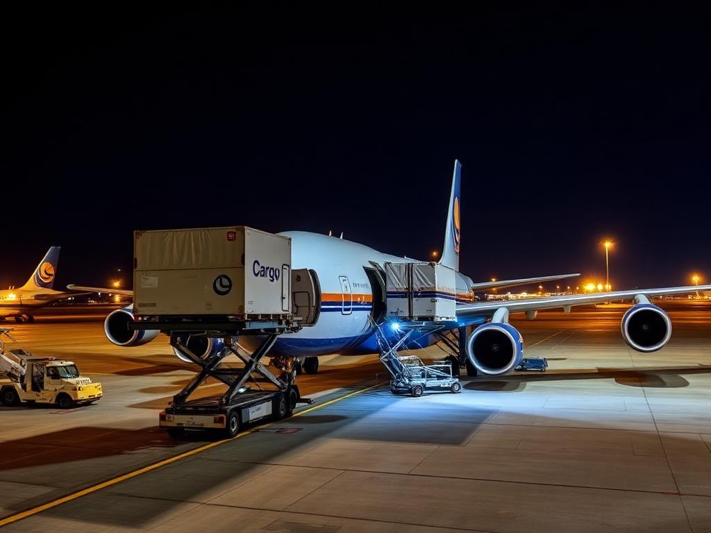 Cargo aircraft being loaded on the apron at night